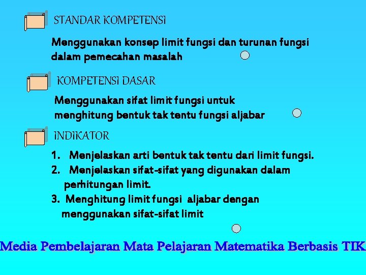 STANDAR KOMPETENSI Menggunakan konsep limit fungsi dan turunan fungsi dalam pemecahan masalah KOMPETENSI DASAR STANDAR KOMPETENSI Menggunakan konsep limit fungsi dan turunan fungsi dalam pemecahan masalah KOMPETENSI DASAR