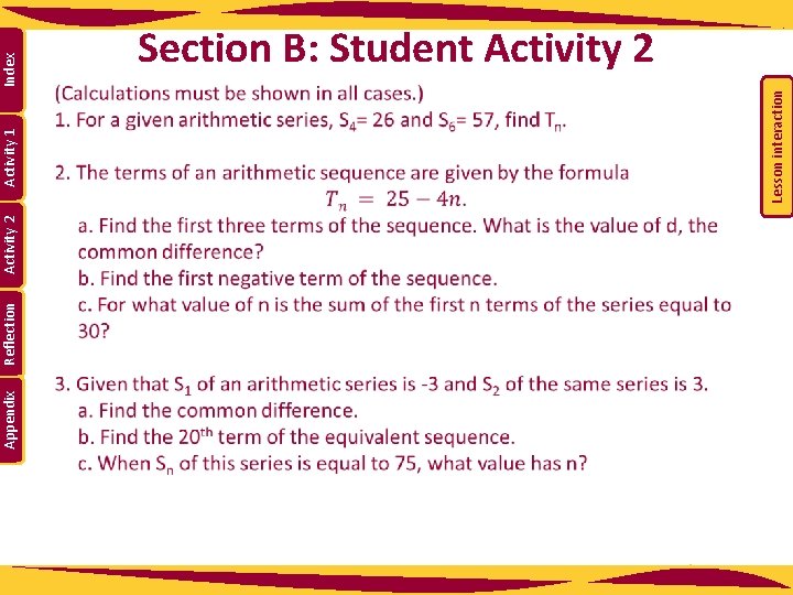 Appendix Reflection Activity 2 Lesson interaction Activity 1 Index Section B: Student Activity 2