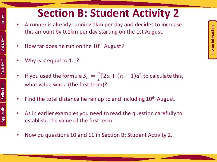 Appendix Reflection Activity 2 Lesson interaction Activity 1 Index Section B: Student Activity 2
