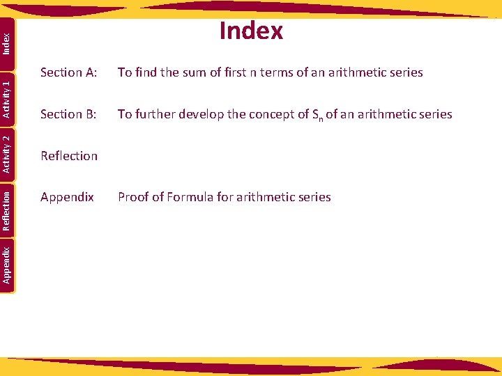 Appendix Reflection Activity 2 Activity 1 Index Section A: To find the sum of