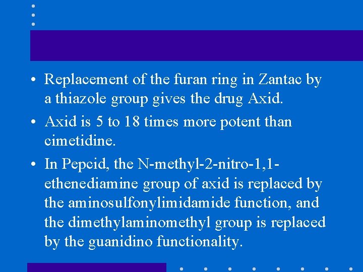  • Replacement of the furan ring in Zantac by a thiazole group gives
