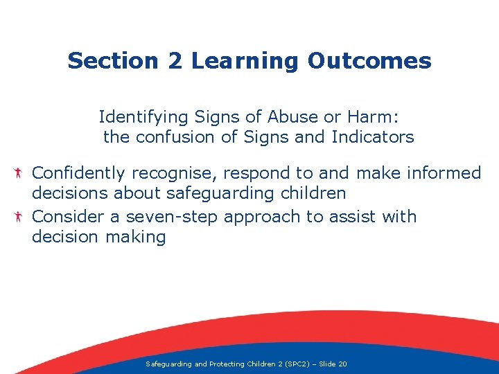 Section 2 Learning Outcomes Identifying Signs of Abuse or Harm: the confusion of Signs