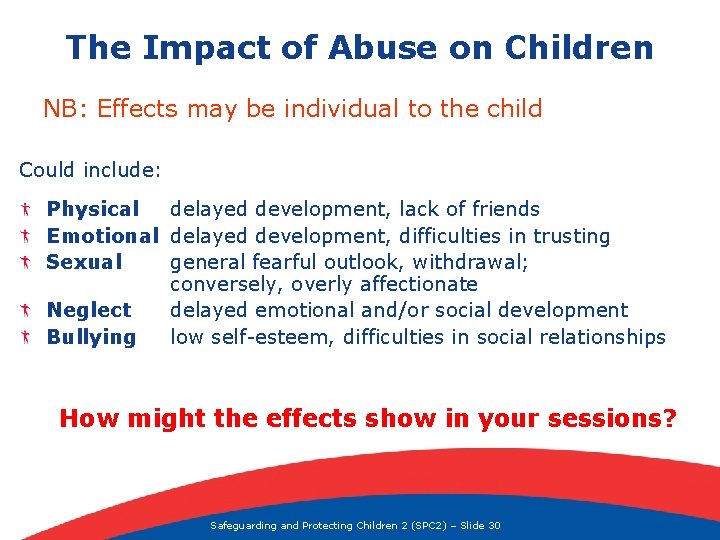 The Impact of Abuse on Children NB: Effects may be individual to the child