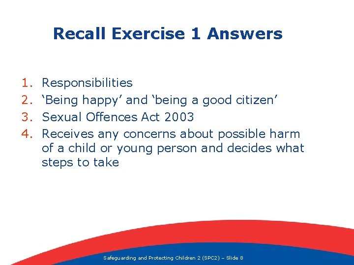 Recall Exercise 1 Answers 1. 2. 3. 4. Responsibilities ‘Being happy’ and ‘being a