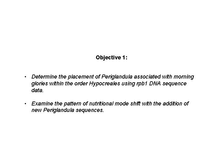 Objective 1: • Determine the placement of Periglandula associated with morning glories within the