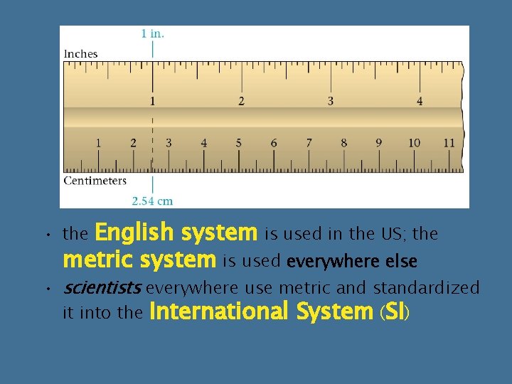 English system is used in the US; the metric system is used everywhere else English system is used in the US; the metric system is used everywhere else