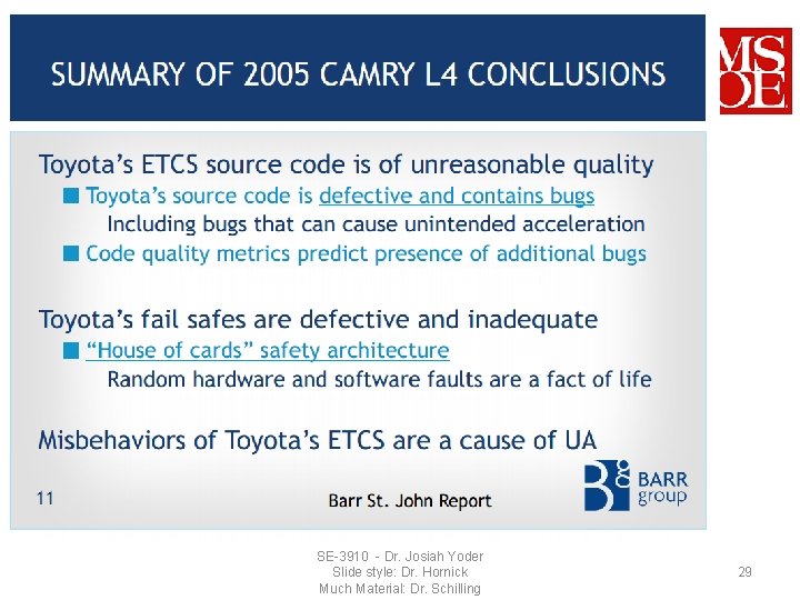 SE-3910 - Dr. Josiah Yoder Slide style: Dr. Hornick Much Material: Dr. Schilling 29