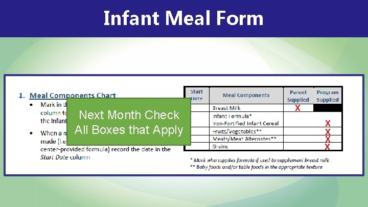 Infant Meal Form Next Month Check All Boxes that Apply X X X 