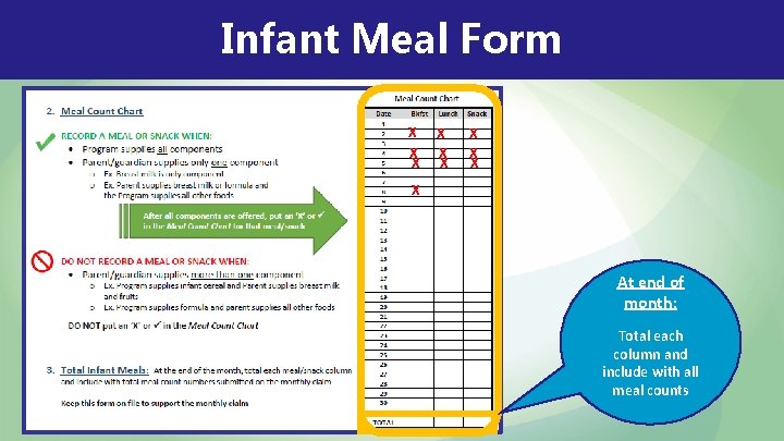 Infant Meal Form X X X X X At end of month: Total each