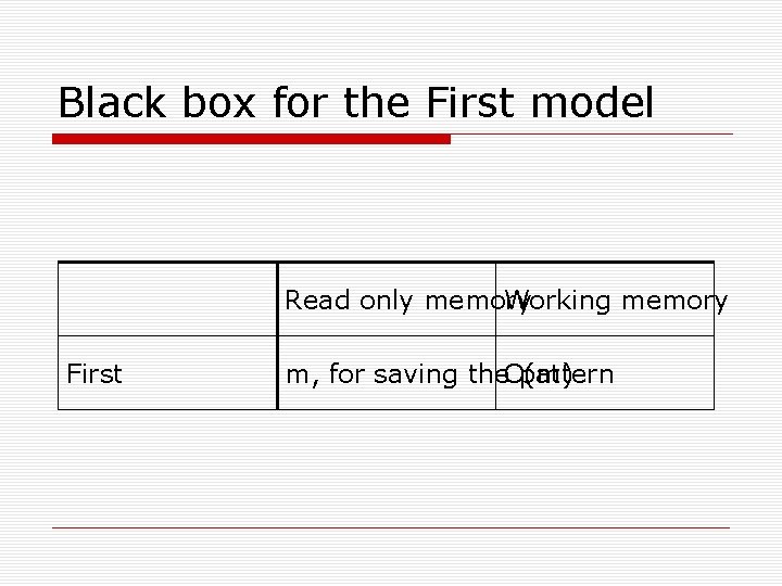 Black box for the First model Read only memory Working memory First m, for