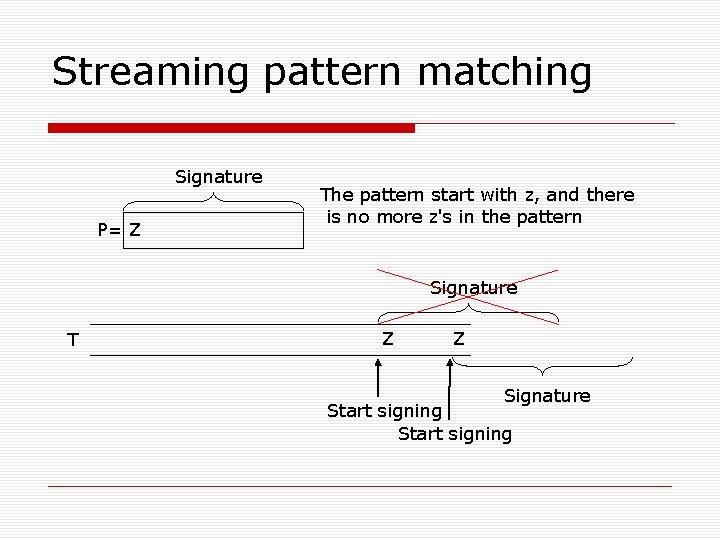 Streaming pattern matching Signature P= Z The pattern start with z, and there is