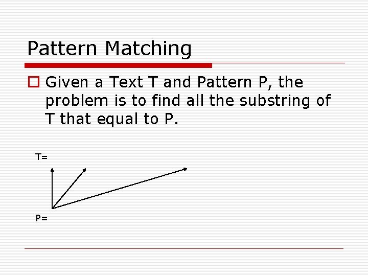 Pattern Matching Given a Text T and Pattern P, the problem is to find