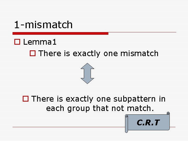 1 -mismatch Lemma 1 There is exactly one mismatch There is exactly one subpattern