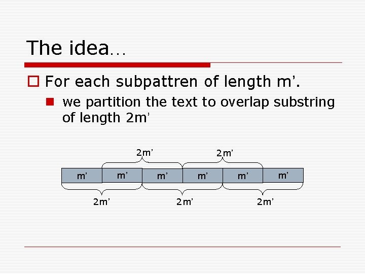 The idea… For each subpattren of length m’. we partition the text to overlap