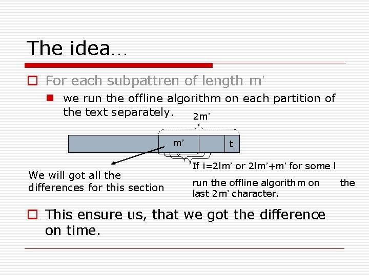 The idea… For each subpattren of length m’ we run the offline algorithm on