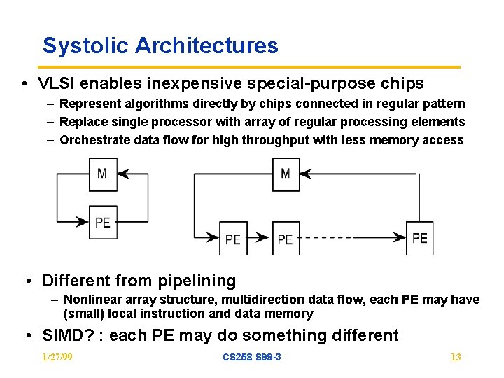Systolic Architectures • VLSI enables inexpensive special-purpose chips – Represent algorithms directly by chips