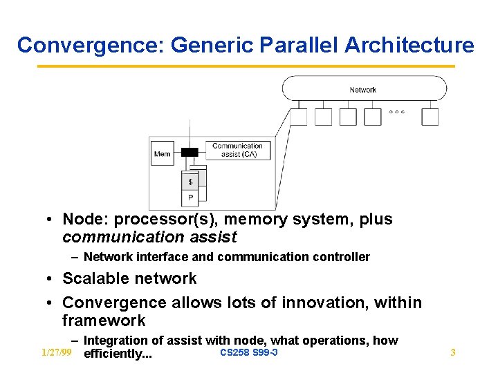 Convergence: Generic Parallel Architecture • Node: processor(s), memory system, plus communication assist – Network