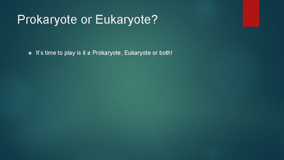 Prokaryote or Eukaryote? It’s time to play is it a Prokaryote, Eukaryote or both!