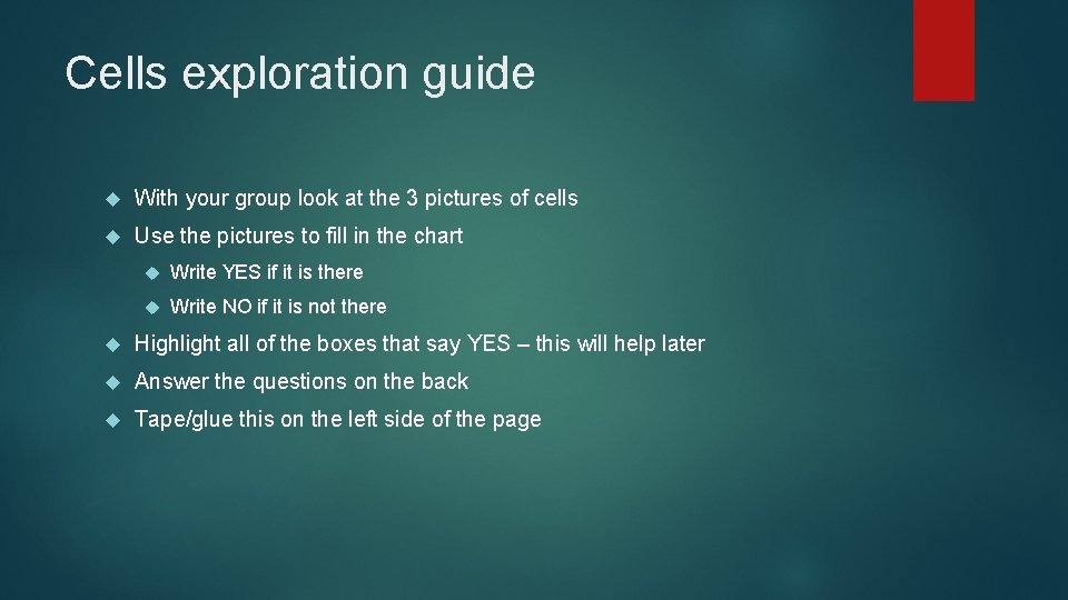 Cells exploration guide With your group look at the 3 pictures of cells Use