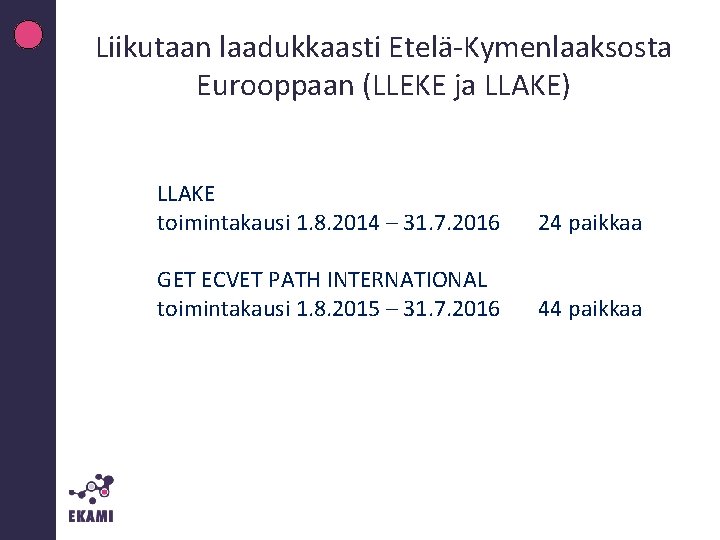 Liikutaan laadukkaasti Etelä-Kymenlaaksosta Eurooppaan (LLEKE ja LLAKE) LLAKE toimintakausi 1. 8. 2014 – 31.