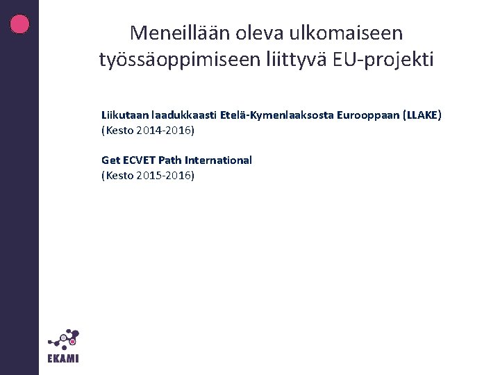 Meneillään oleva ulkomaiseen työssäoppimiseen liittyvä EU-projekti Liikutaan laadukkaasti Etelä-Kymenlaaksosta Eurooppaan (LLAKE) (Kesto 2014 -2016)