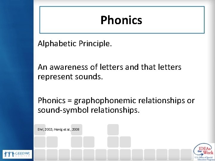 Phonics Alphabetic Principle. An awareness of letters and that letters represent sounds. Phonics =