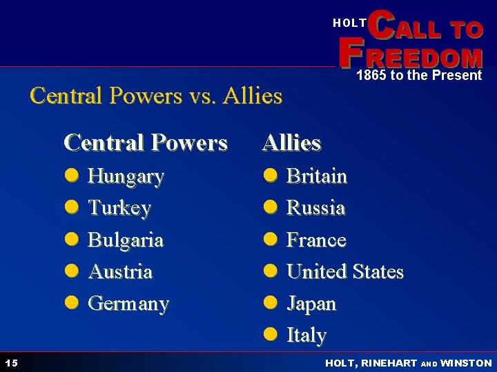 CALL TO HOLT FREEDOM 1865 to the Present Central Powers vs. Allies 15 Central
