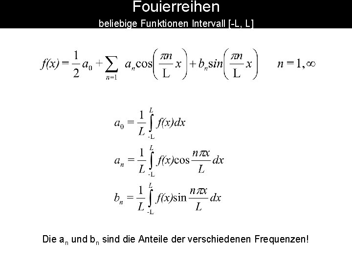 Fouierreihen beliebige Funktionen Intervall [-L, L] Die an und bn sind die Anteile der