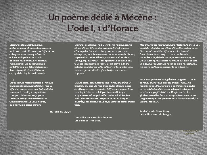 Un poème dédié à Mécène : L’ode I, 1 d’Horace Maecenas atauis edite regibus,