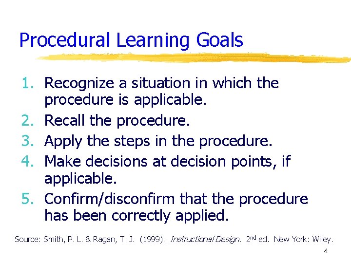 Procedural Learning Goals 1. Recognize a situation in which the procedure is applicable. 2.