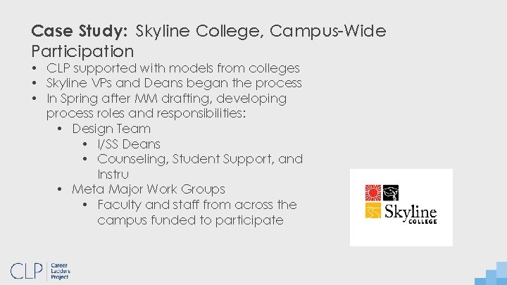 Case Study: Skyline College, Campus-Wide Participation • CLP supported with models from colleges •