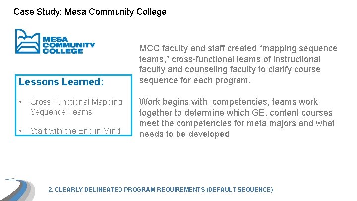 Case Study: Mesa Community College Lessons Learned: • Cross Functional Mapping Sequence Teams •