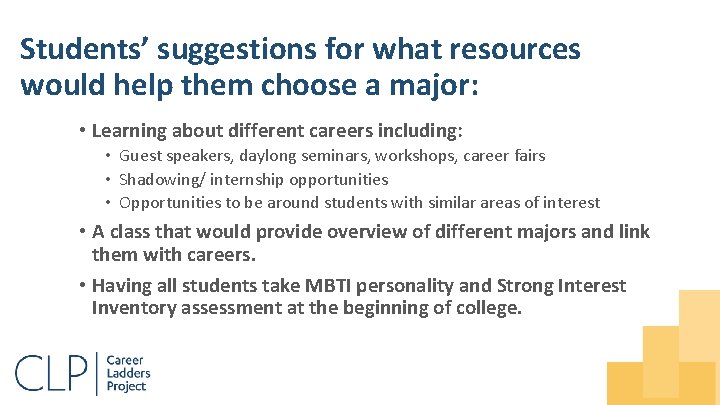 Students’ suggestions for what resources would help them choose a major: • Learning about