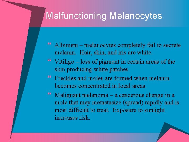Malfunctioning Melanocytes } Albinism – melanocytes completely fail to secrete melanin. Hair, skin, and