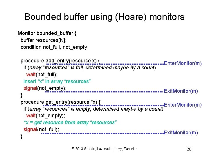 Bounded buffer using (Hoare) monitors Monitor bounded_buffer { buffer resources[N]; condition not_full, not_empty; procedure