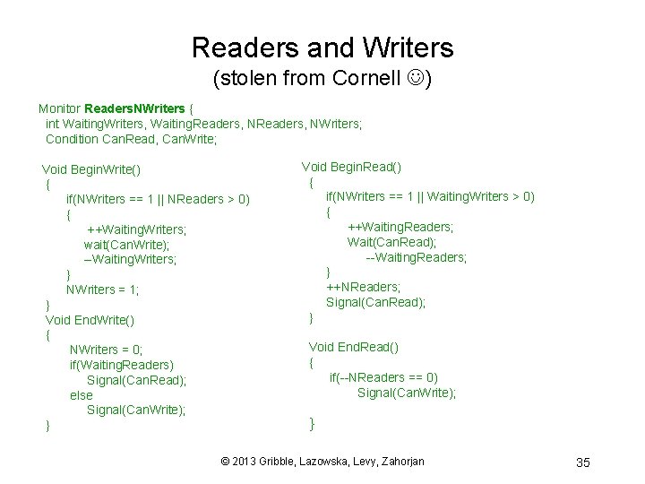 Readers and Writers (stolen from Cornell ) Monitor Readers. NWriters { int Waiting. Writers,