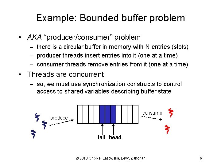 Example: Bounded buffer problem • AKA “producer/consumer” problem – there is a circular buffer