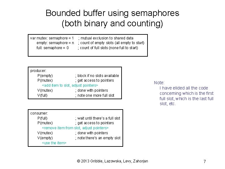 Bounded buffer using semaphores (both binary and counting) var mutex: semaphore = 1 empty: