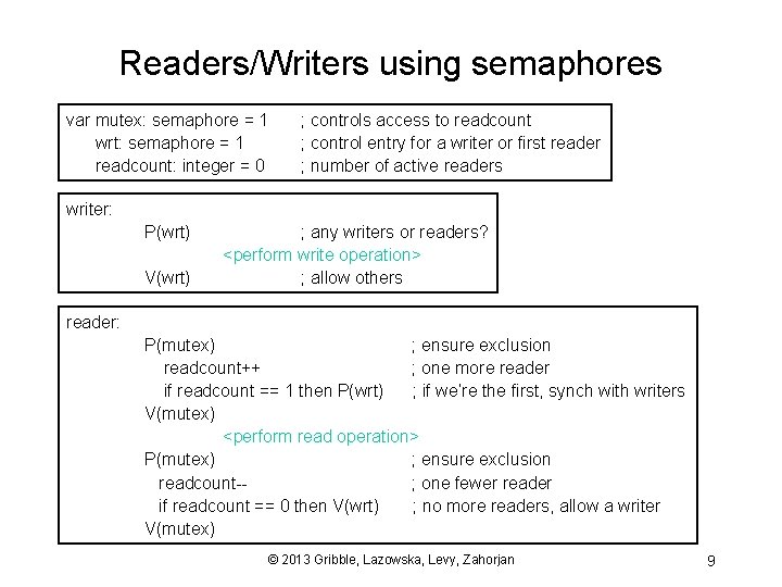 Readers/Writers using semaphores var mutex: semaphore = 1 wrt: semaphore = 1 readcount: integer