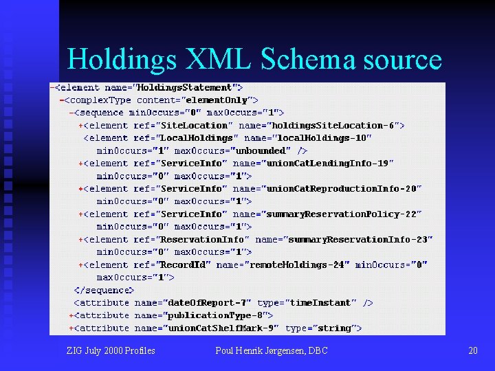 Holdings XML Schema source ZIG July 2000 Profiles Poul Henrik Jørgensen, DBC 20 