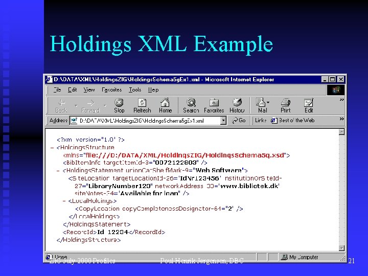 Holdings XML Example ZIG July 2000 Profiles Poul Henrik Jørgensen, DBC 21 