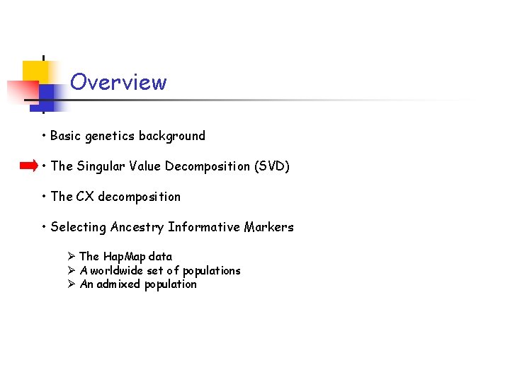 Overview • Basic genetics background • The Singular Value Decomposition (SVD) • The CX