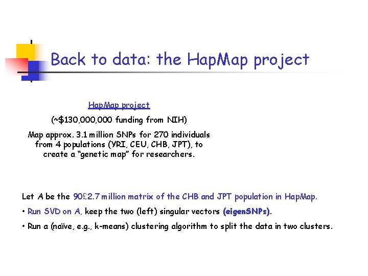 Back to data: the Hap. Map project (~$130, 000 funding from NIH) Map approx.