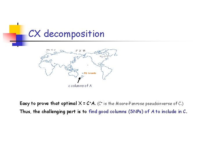 CX decomposition c columns of A Easy to prove that optimal X = C+A.