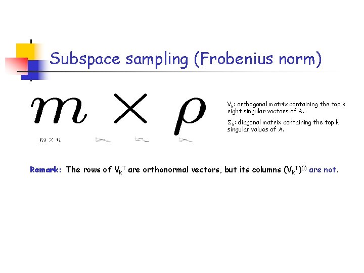 Subspace sampling (Frobenius norm) Vk: orthogonal matrix containing the top k right singular vectors