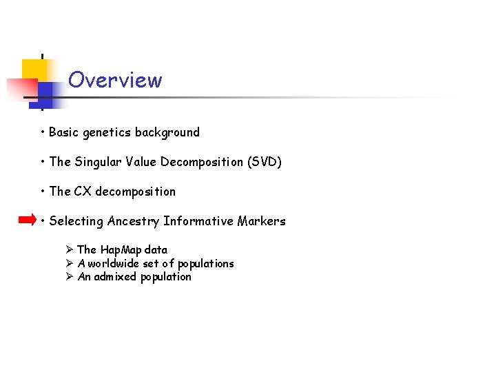 Overview • Basic genetics background • The Singular Value Decomposition (SVD) • The CX