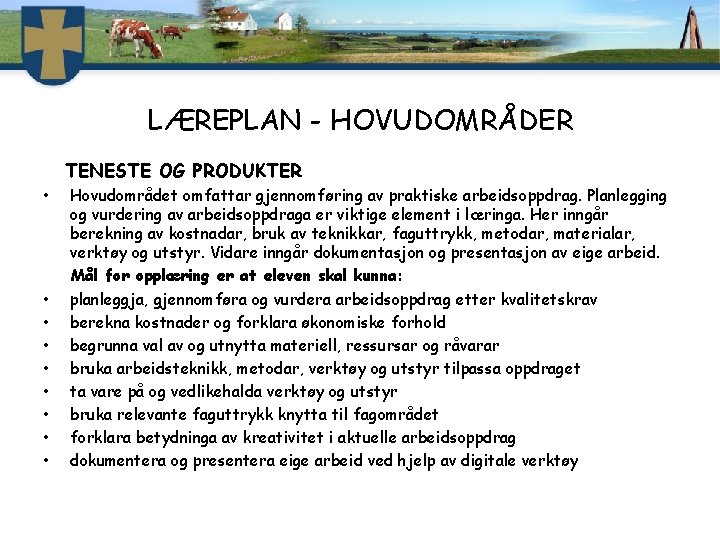 LÆREPLAN - HOVUDOMRÅDER TENESTE OG PRODUKTER • • • Hovudområdet omfattar gjennomføring av praktiske