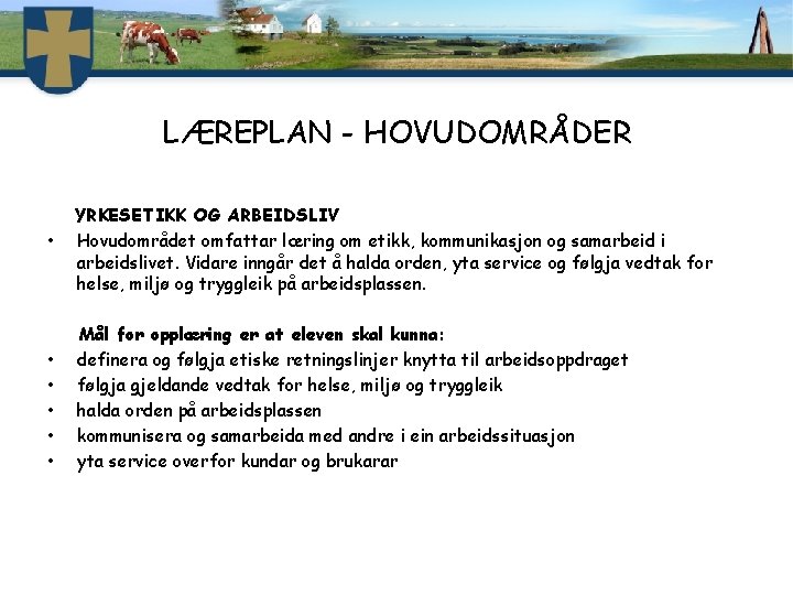 LÆREPLAN - HOVUDOMRÅDER • • • YRKESETIKK OG ARBEIDSLIV Hovudområdet omfattar læring om etikk,