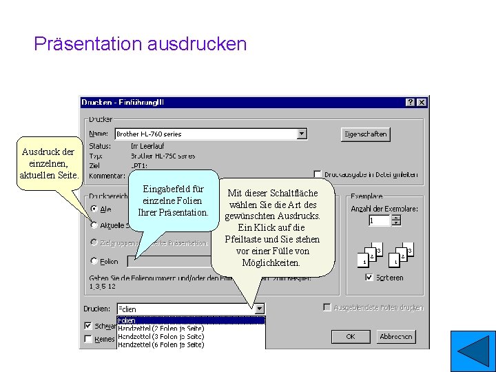 Präsentation ausdrucken Ausdruck der einzelnen, aktuellen Seite. Eingabefeld für einzelne Folien Ihrer Präsentation. Mit