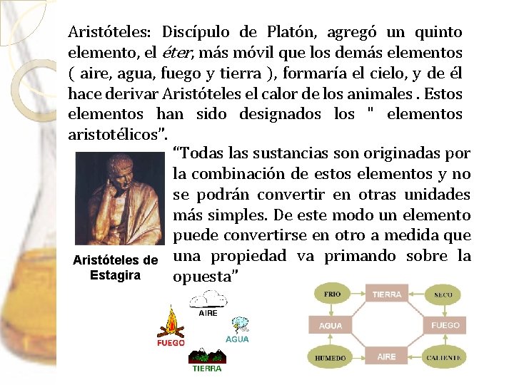 Aristóteles: Discípulo de Platón, agregó un quinto elemento, el éter, más móvil que los